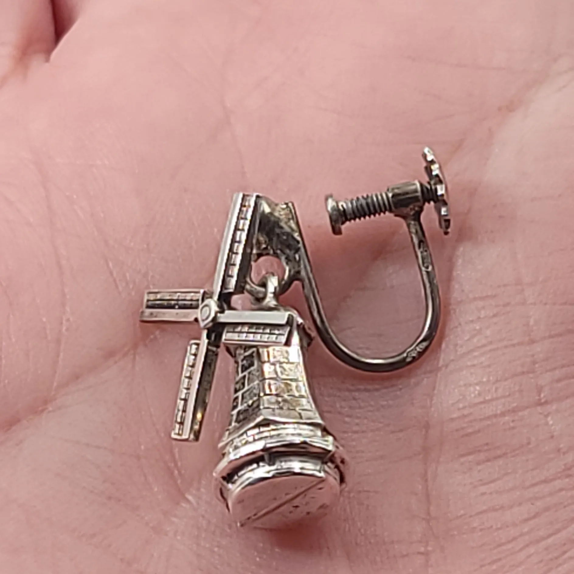 Sterling Silver Windmill Earrings Hinge Clip-On, 3D, Movable