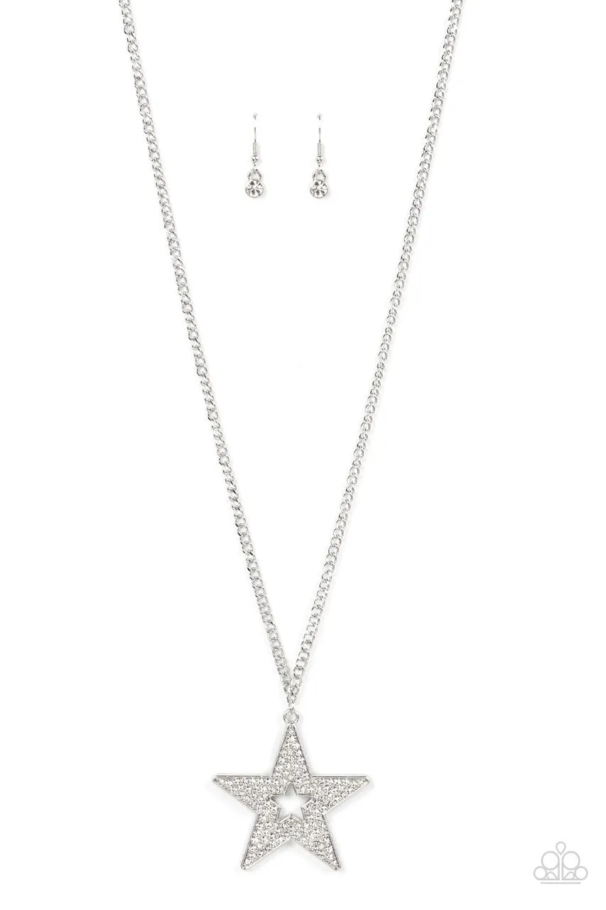 Superstar Stylist - White - Rhinestone Encrusted Pendant Patriotic Americana Paparazzi Long Necklace