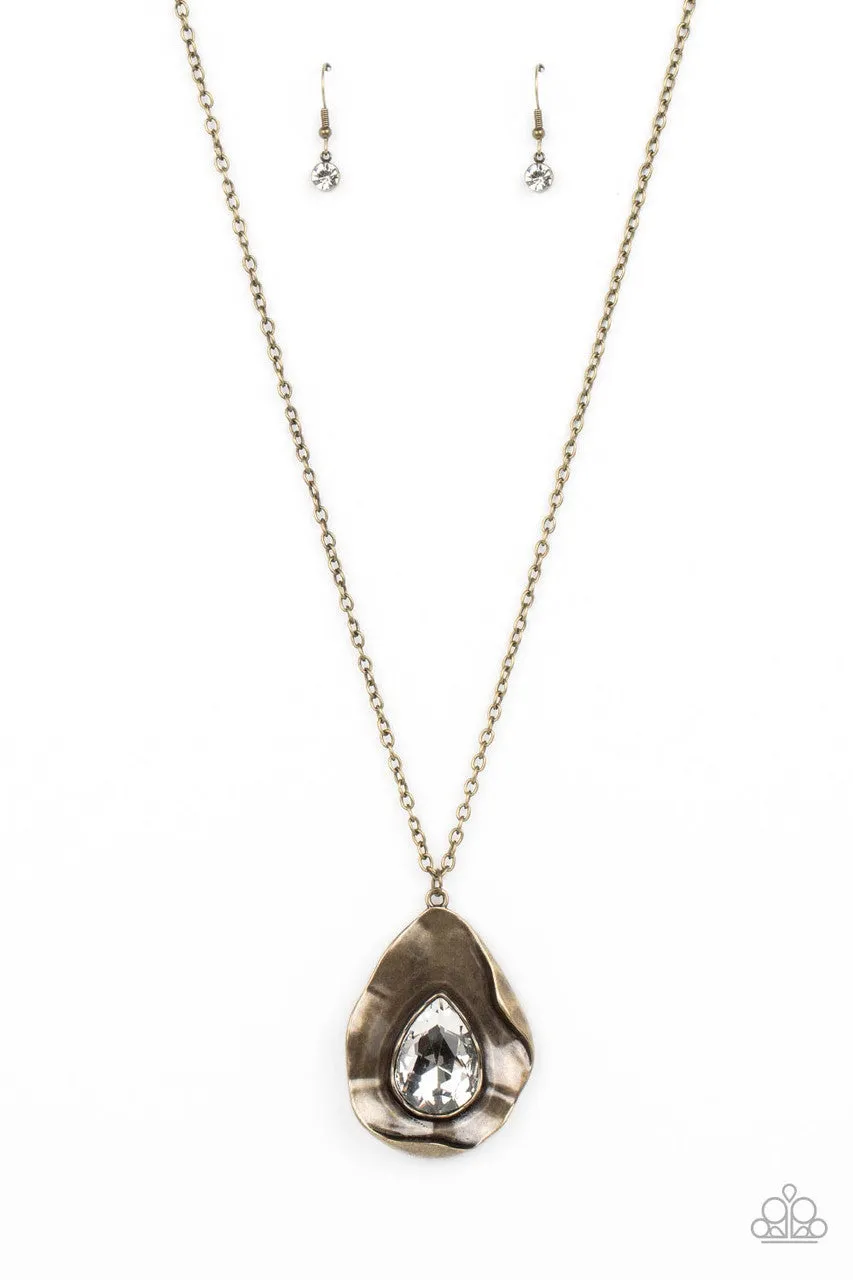Surrealist Sparkle - Brass - White Gem Warped Pendant Paparazzi Long Necklace