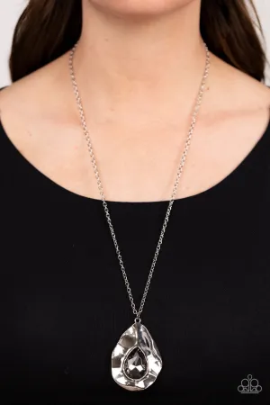 Surrealist Sparkle - Silver - Hematite Gem Warped Pendant Paparazzi Long Necklace