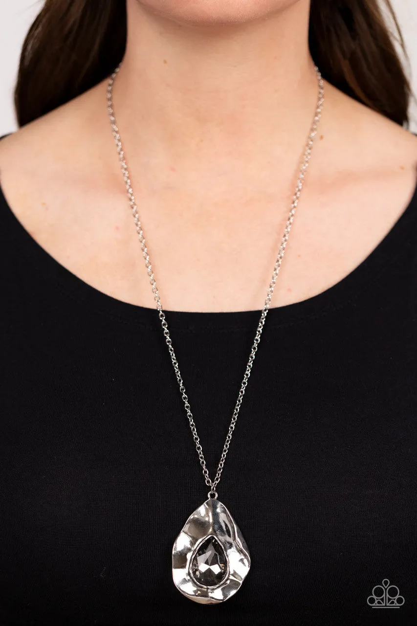Surrealist Sparkle - Silver - Hematite Gem Warped Pendant Paparazzi Long Necklace