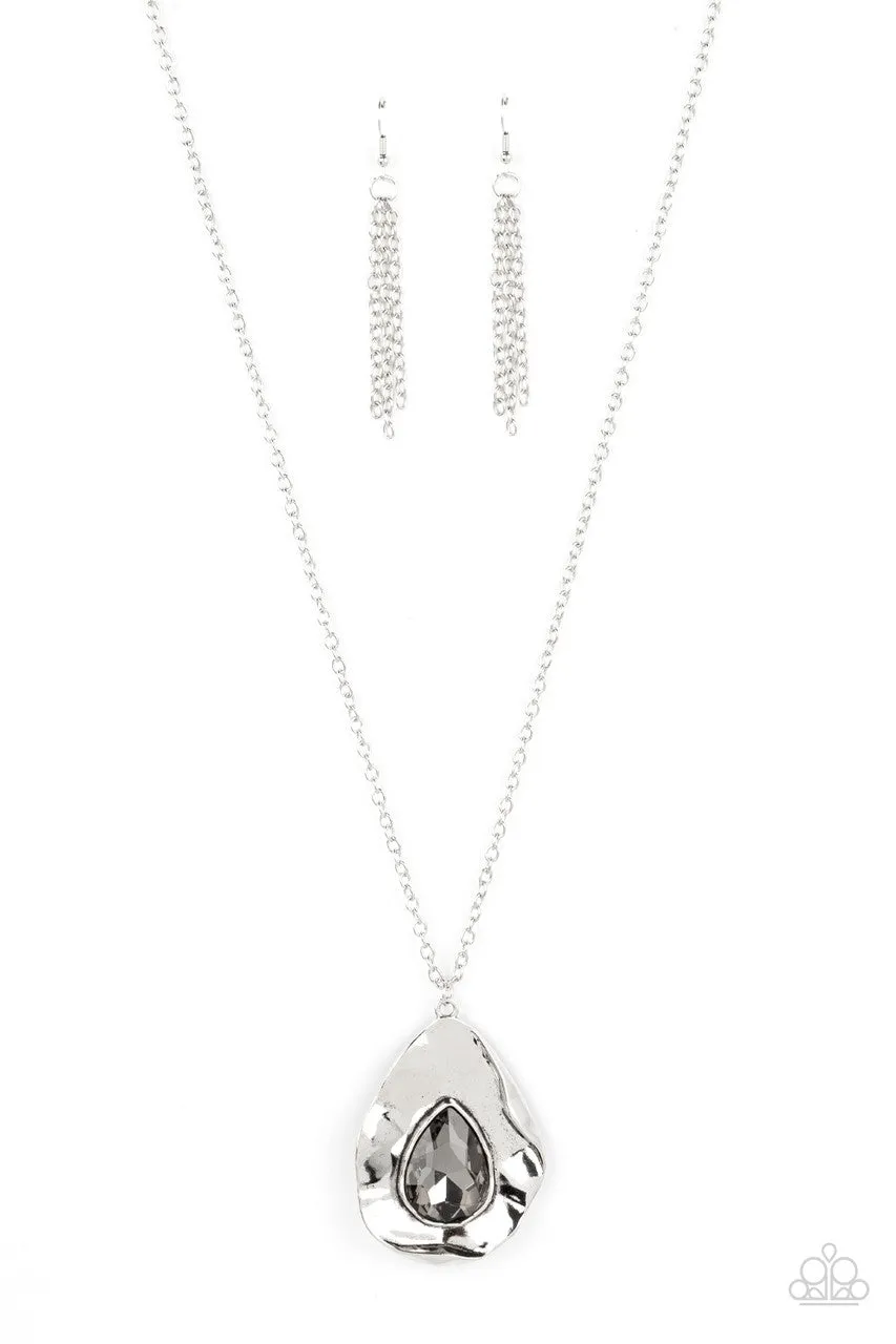 Surrealist Sparkle - Silver - Hematite Gem Warped Pendant Paparazzi Long Necklace