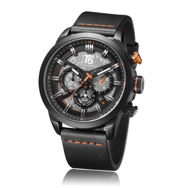 T5 Black Leather Strap Grey Dial Chronograph Quartz Watch for Gents - H3625G-B