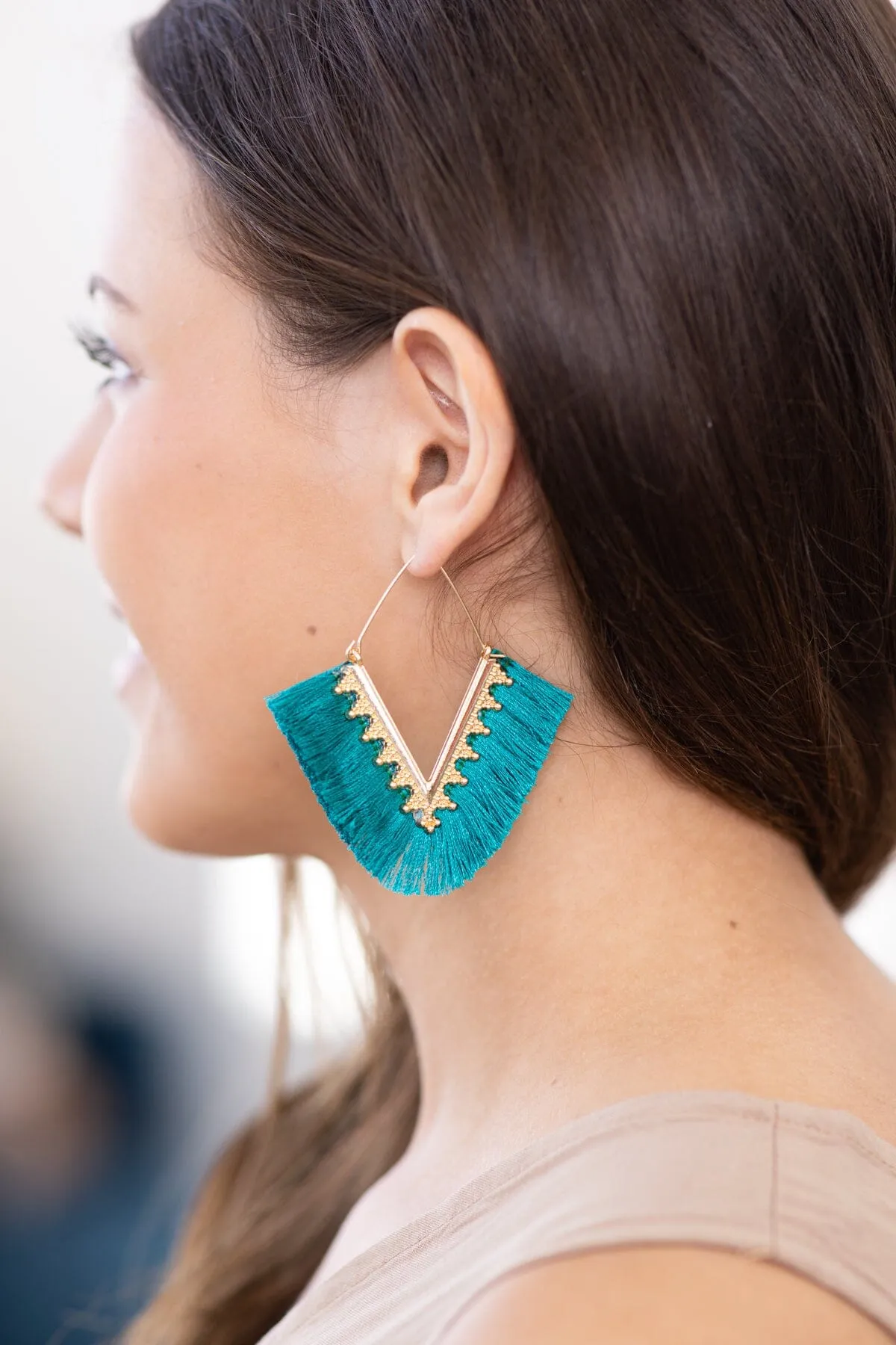 Teal Triangle Fan Tassel Earrings