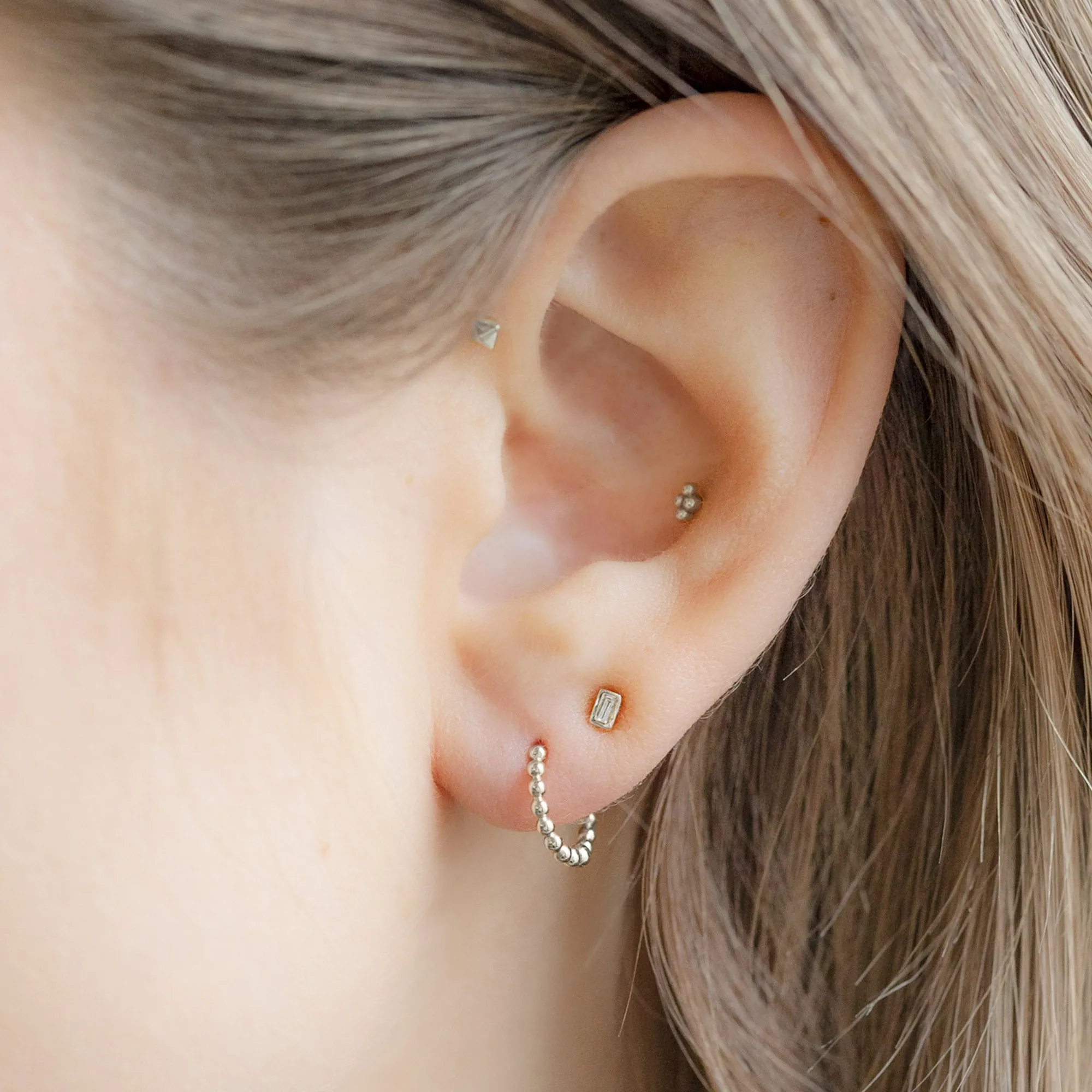 The Beaded Huggie Hoops | 14K White Gold