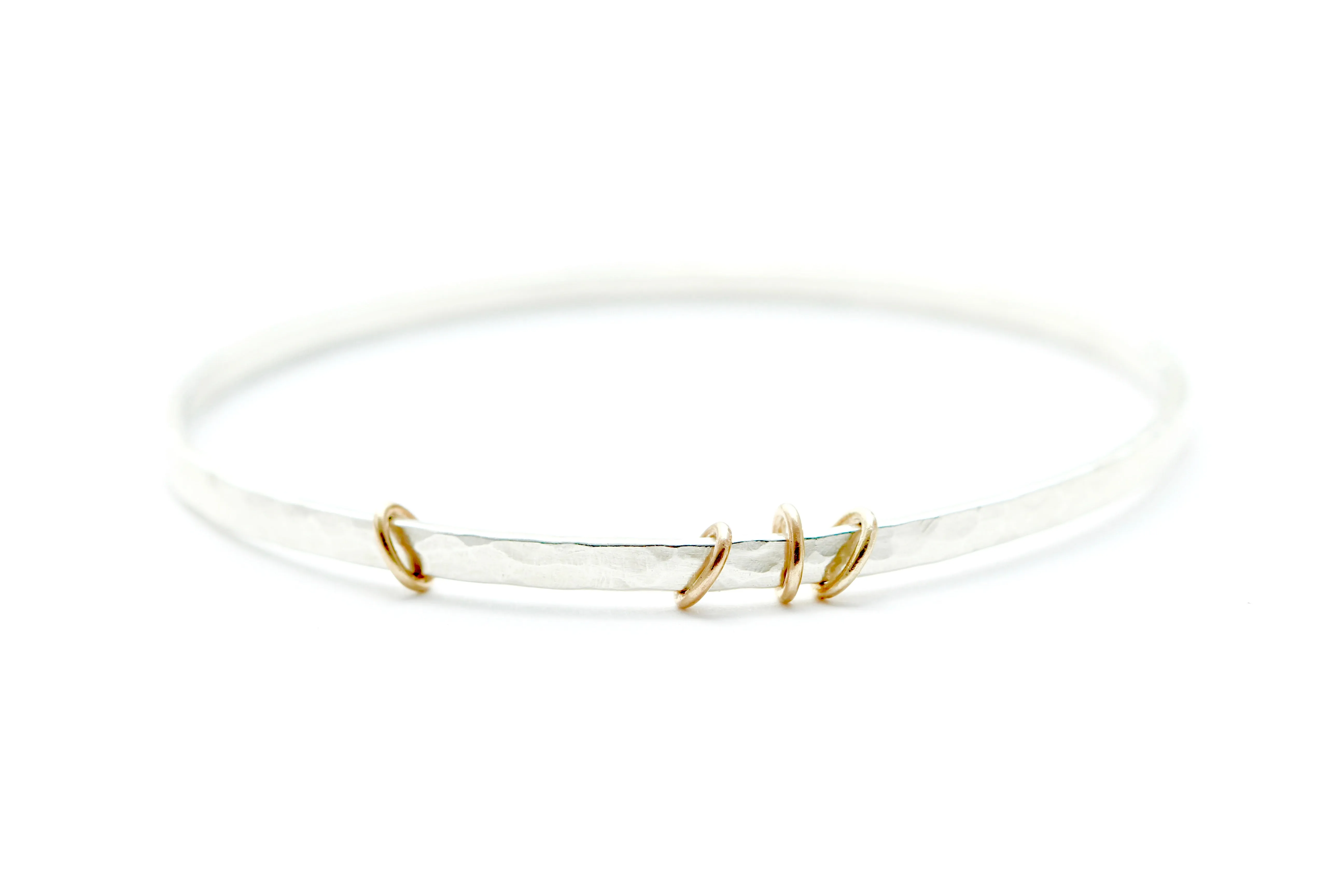 Thin Sterling Silver Bangle Bracelet with 14k Yellow Gold Rings