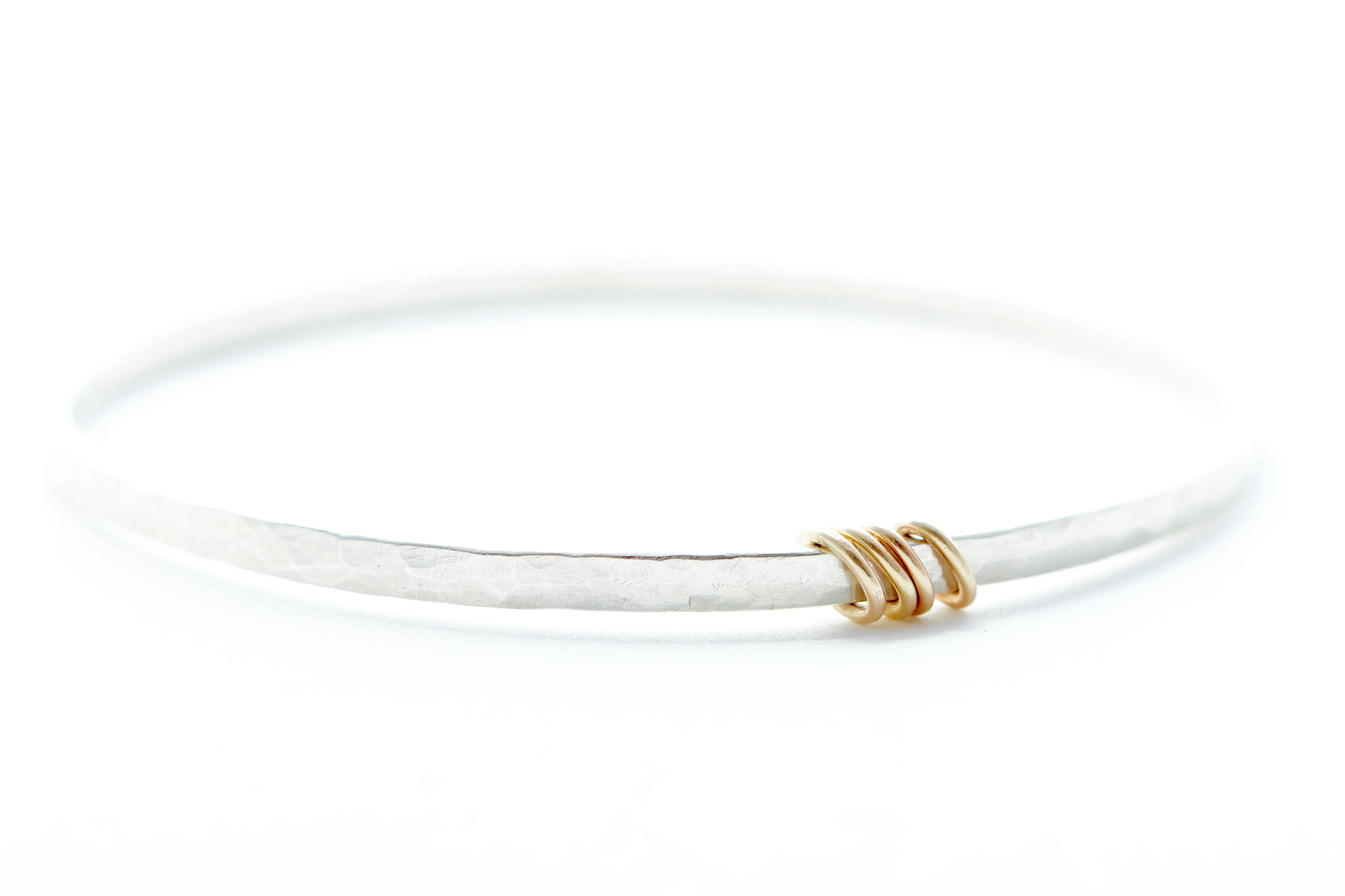 Thin Sterling Silver Bangle Bracelet with 14k Yellow Gold Rings