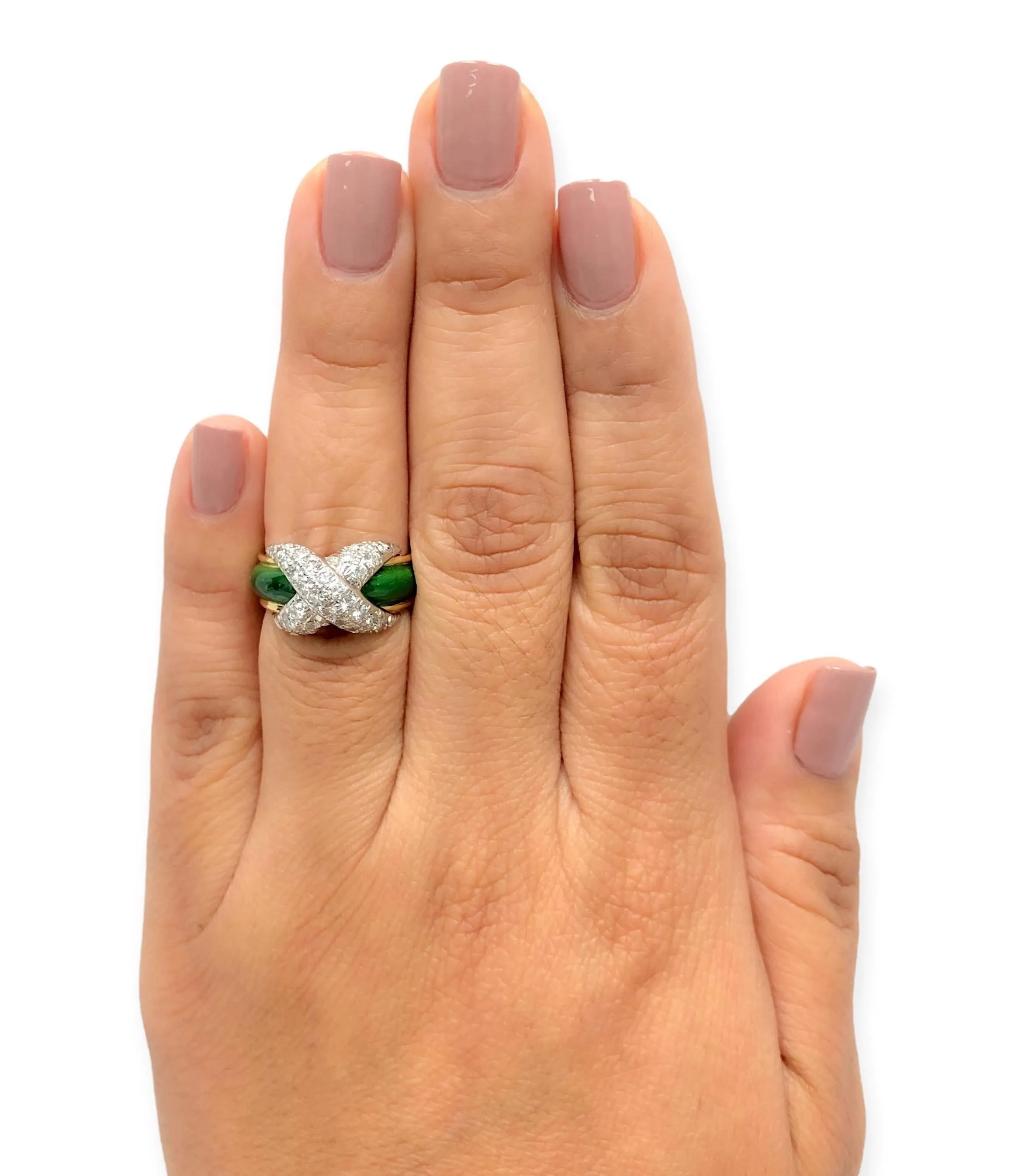 Tiffany & Co. Platinum 18K Yellow Gold Diamond X Schlumberger Green Enamel Ring