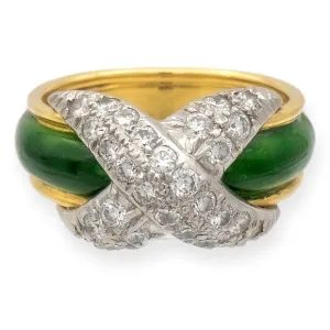 Tiffany & Co. Platinum 18K Yellow Gold Diamond X Schlumberger Green Enamel Ring