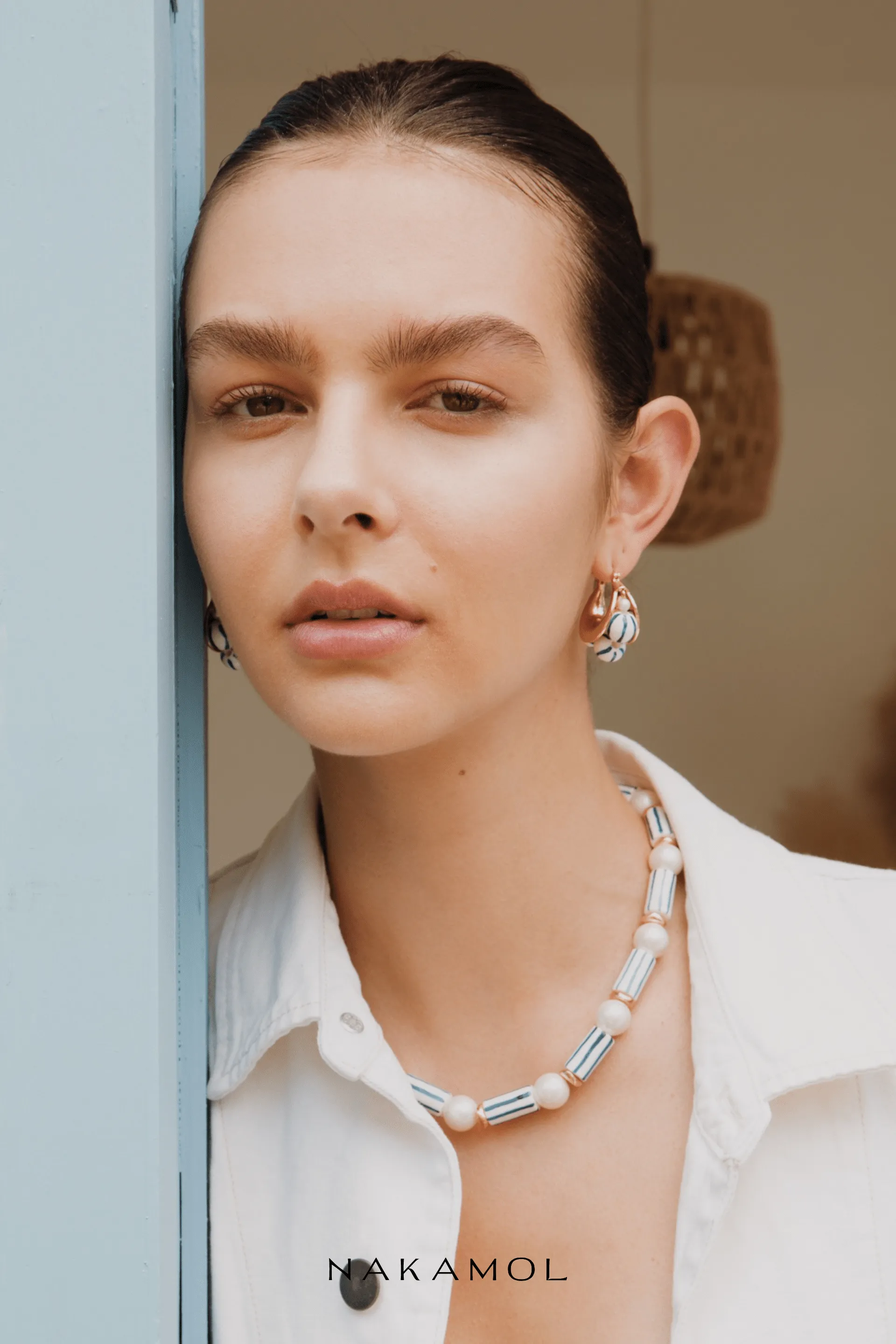 Triple White Stripe Bead Hinge Back Earrings