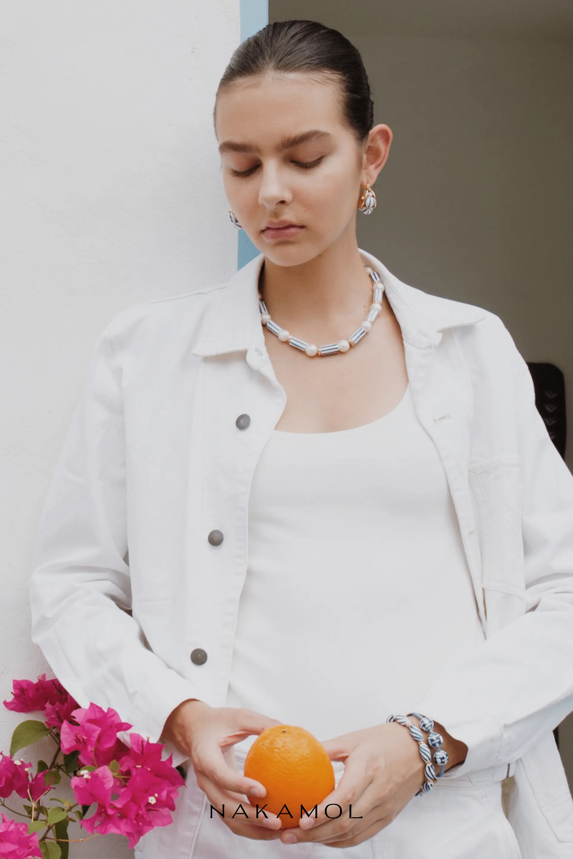 Triple White Stripe Bead Hinge Back Earrings