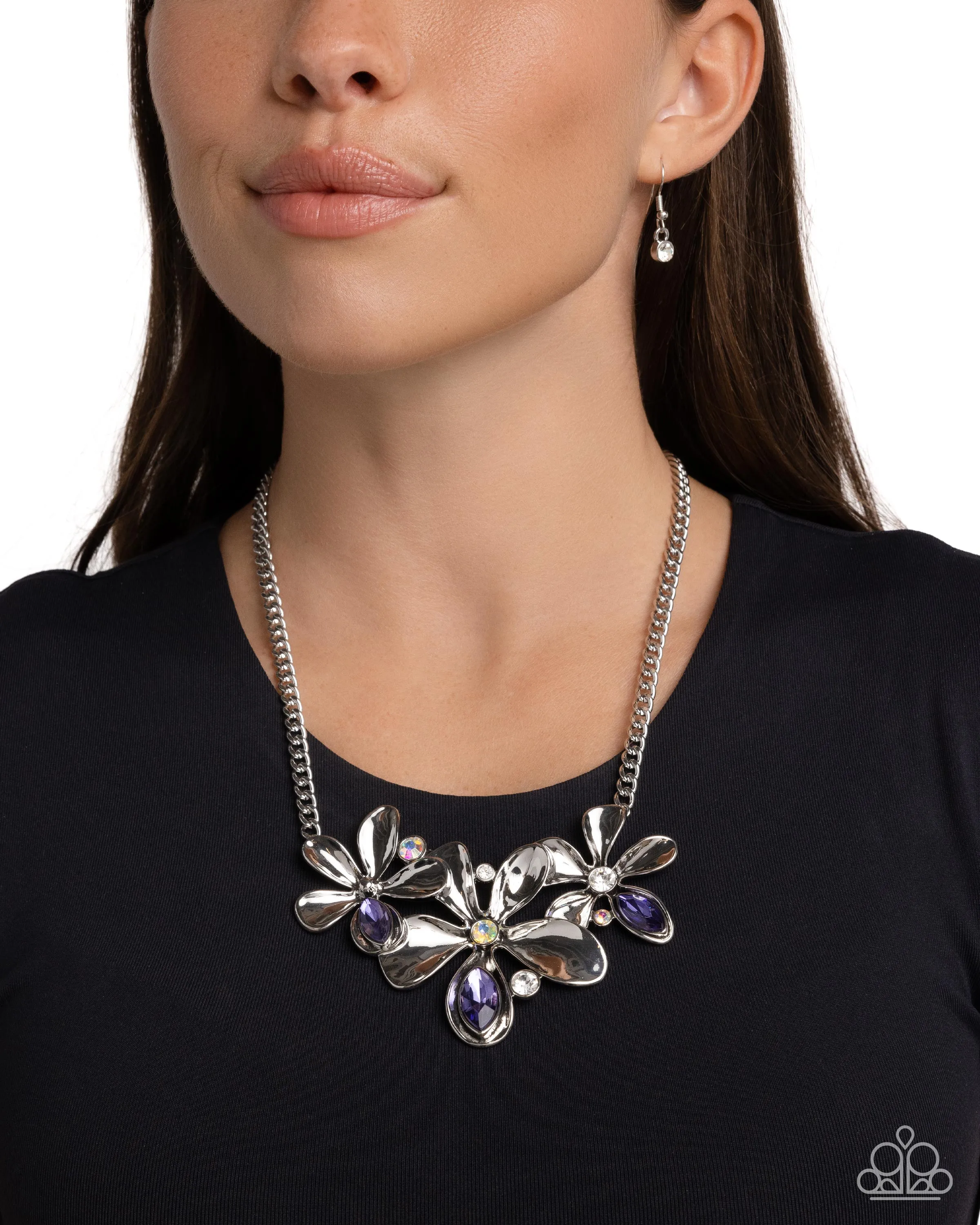 Twirling Triad - Purple - Opalescent Gem Oversized Silver Flower Paparazzi Short Necklace
