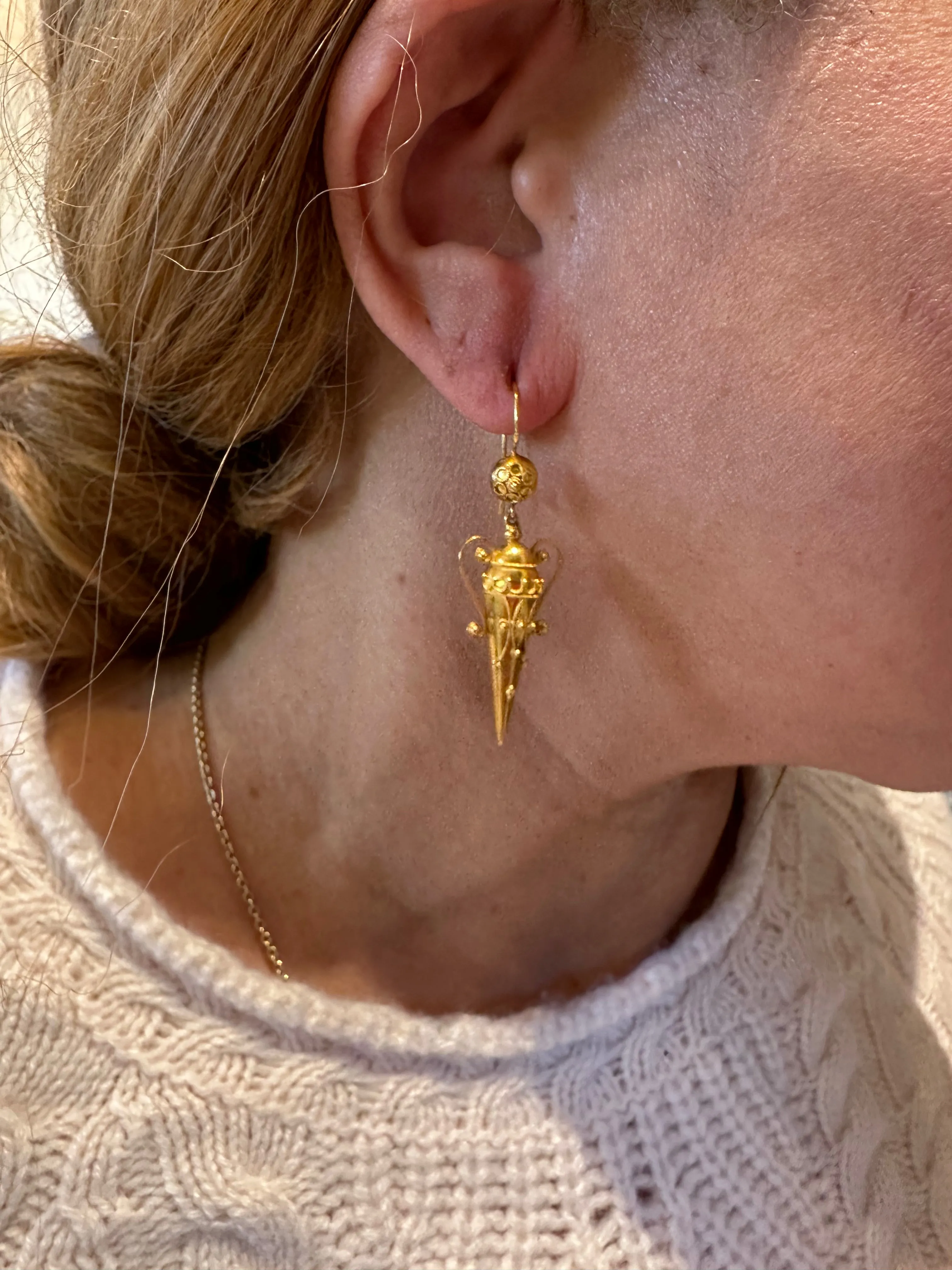 Victorian Etruscan Revival Amphorae Earrings in 18K Yellow Gold