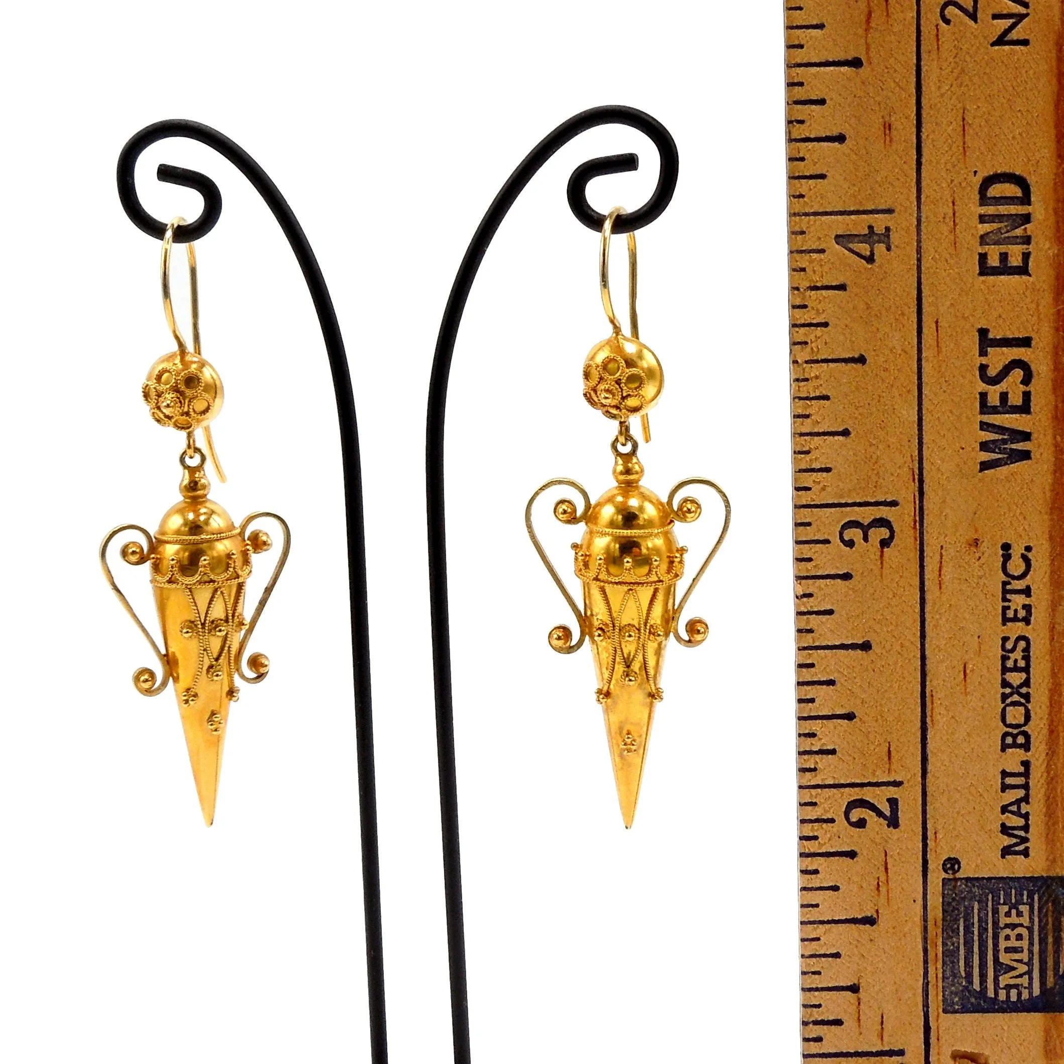 Victorian Etruscan Revival Amphorae Earrings in 18K Yellow Gold