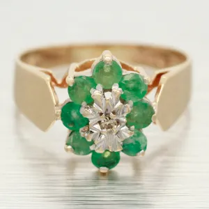 Vintage 0.80ctw Cluster Diamond & Emerald Ring - 14k Yellow Gold Band - Size 7