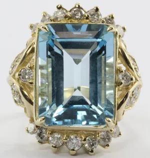 Vintage 14K Gold Swiss Blue Topaz & Diamond Large Chunky Cocktail Ring