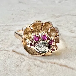 Vintage 1940’s Retro 14 Karat Rose Gold Diamond & Ruby Heart Seashell Ring