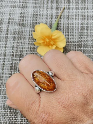 Vintage Balkan Amber and Silver Ring