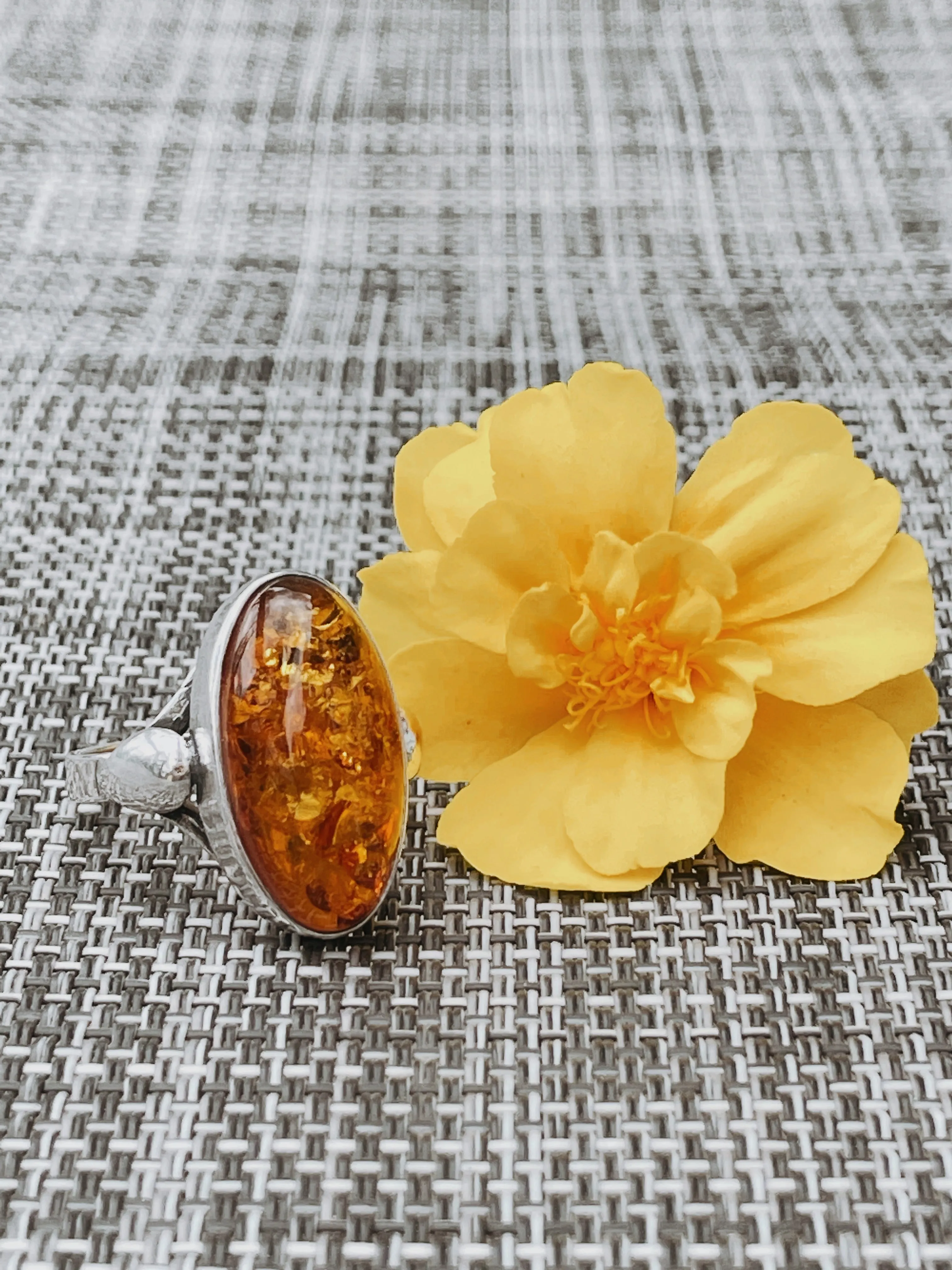 Vintage Balkan Amber and Silver Ring