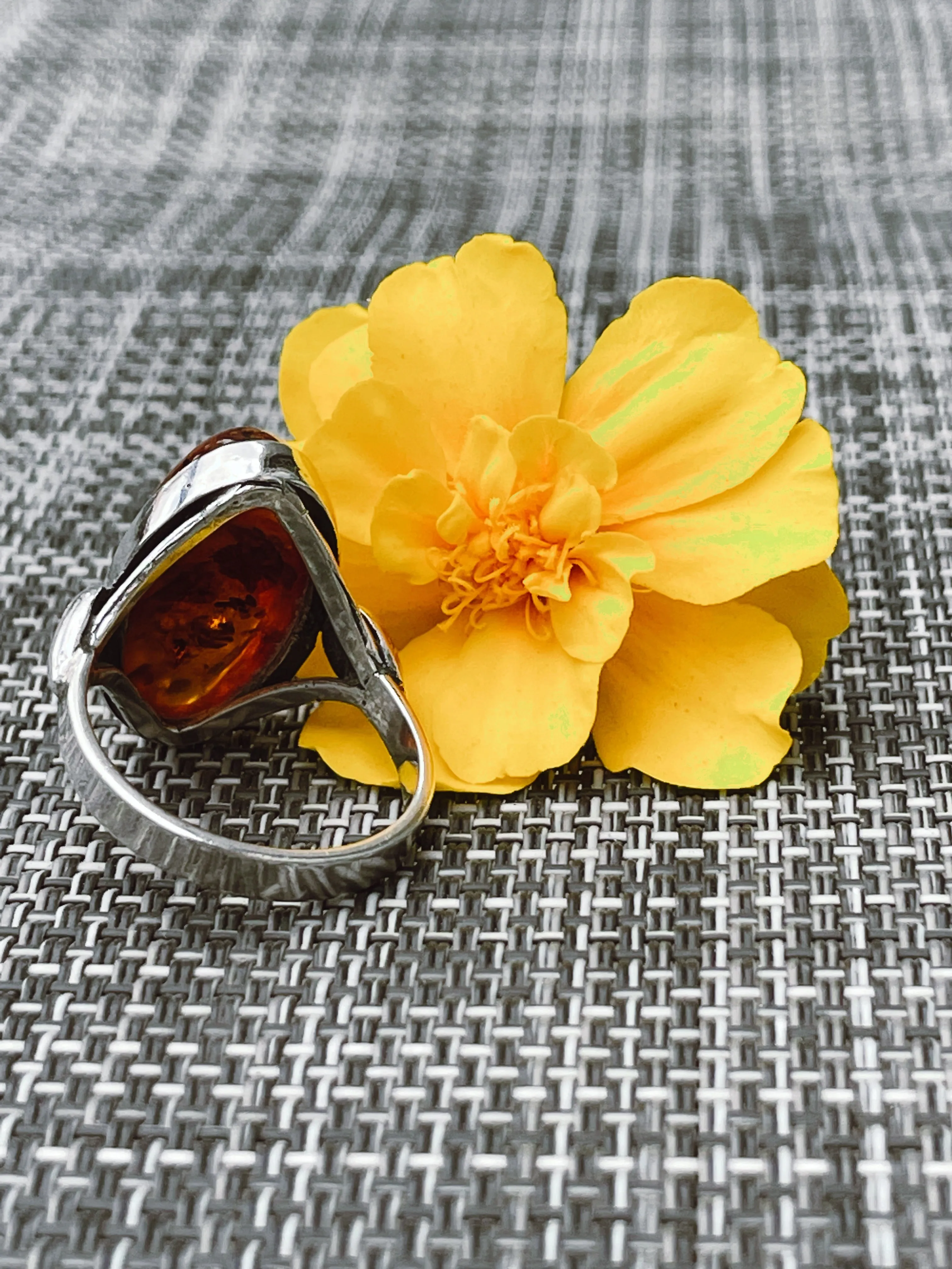 Vintage Balkan Amber and Silver Ring