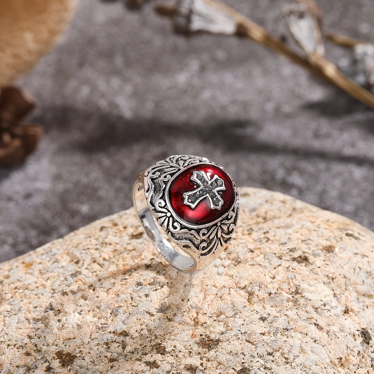 Vintage Cross Red Zircon Inlaid Ring Retro Men's Jewelry