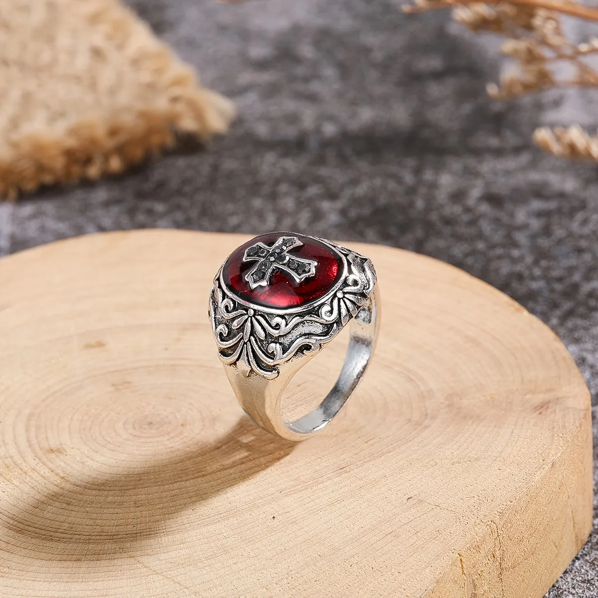Vintage Cross Red Zircon Inlaid Ring Retro Men's Jewelry