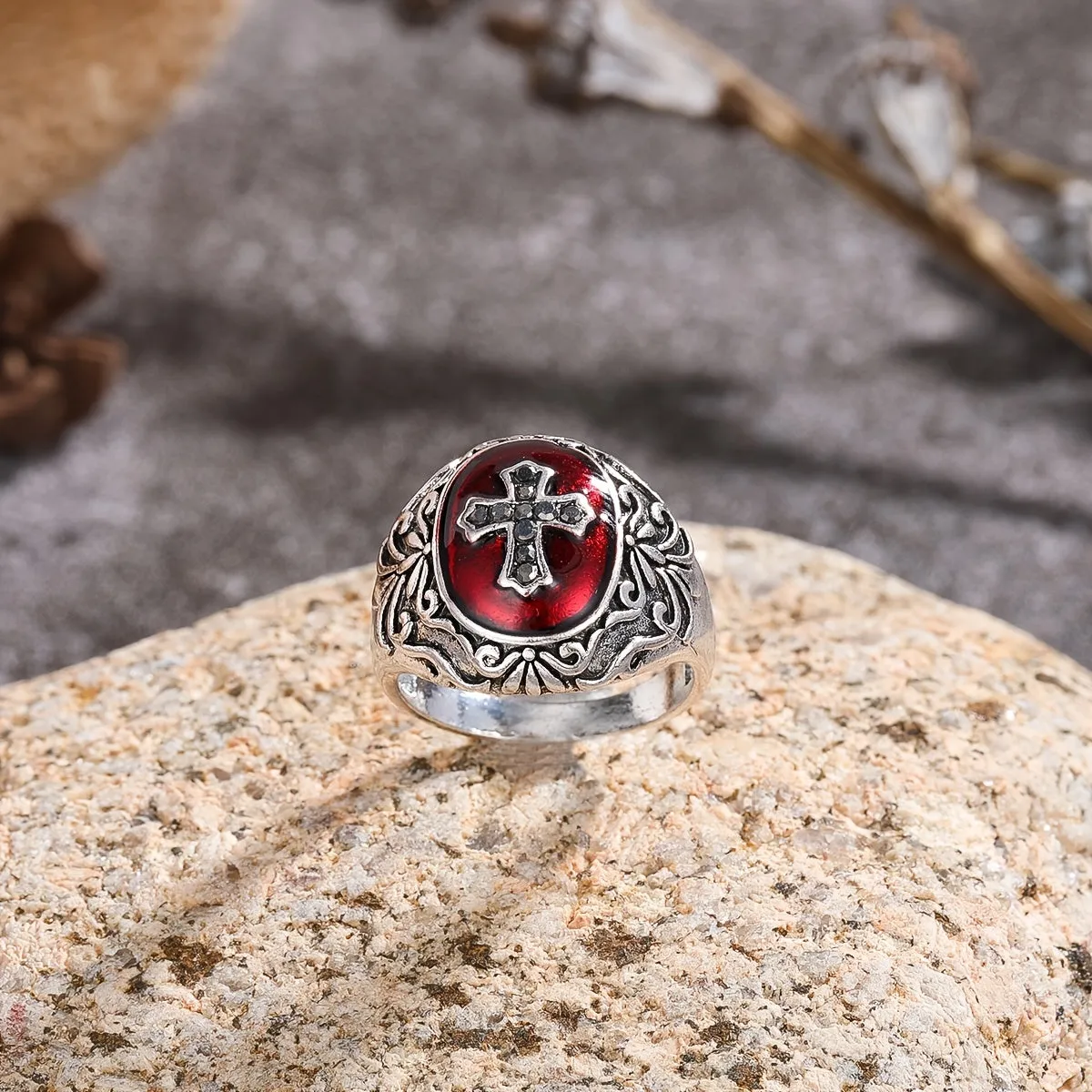 Vintage Cross Red Zircon Inlaid Ring Retro Men's Jewelry