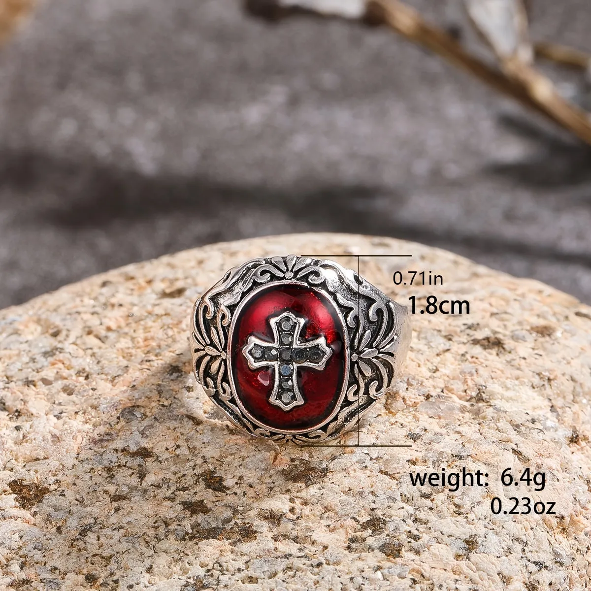 Vintage Cross Red Zircon Inlaid Ring Retro Men's Jewelry