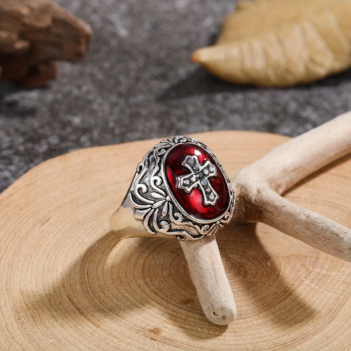 Vintage Cross Red Zircon Inlaid Ring Retro Men's Jewelry