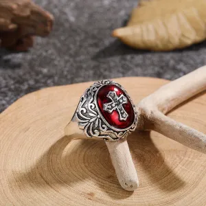 Vintage Cross Red Zircon Inlaid Ring Retro Men's Jewelry