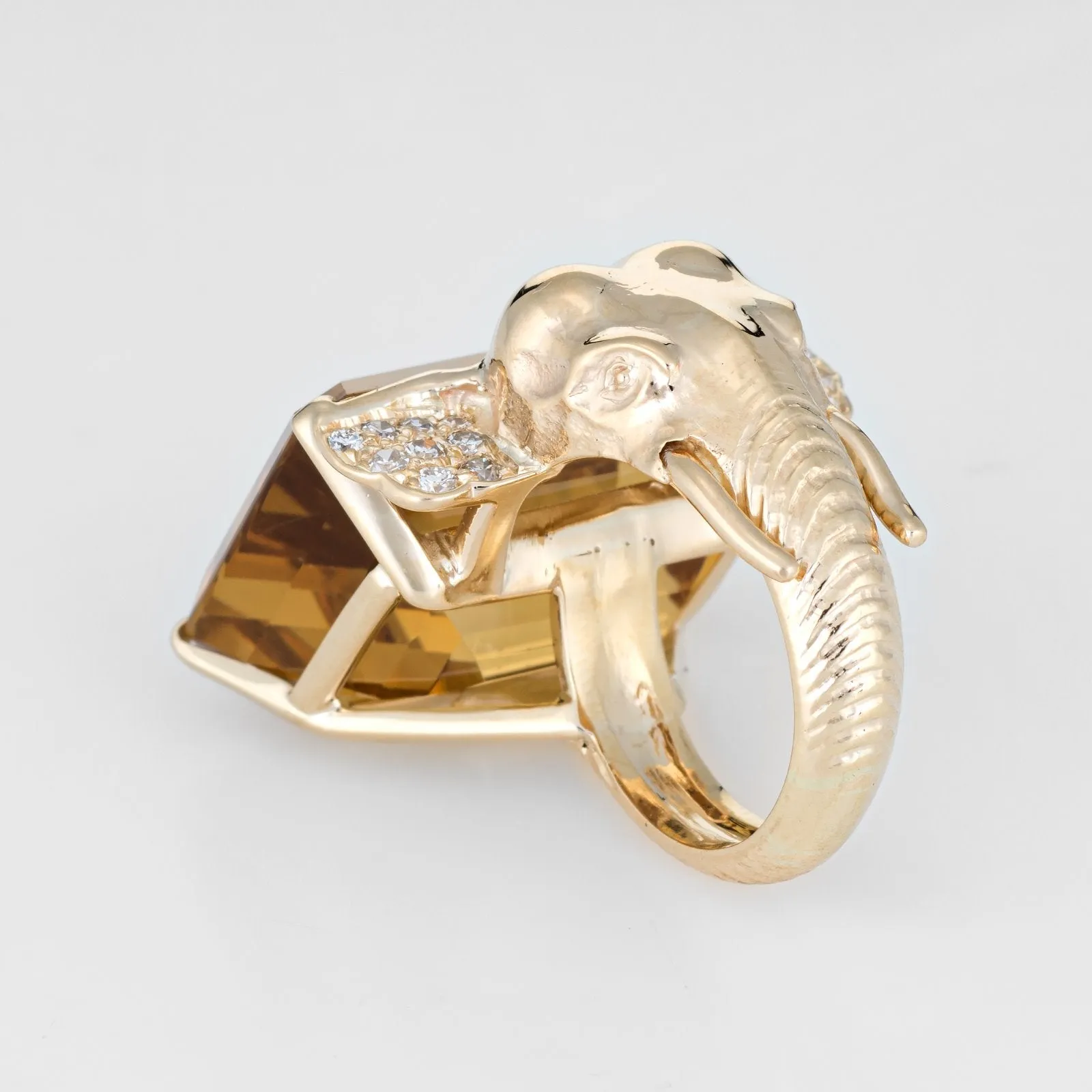 Vintage Elephant Citrine Ring 14k Yellow Gold Diamond Ears Estate Animal Jewelry