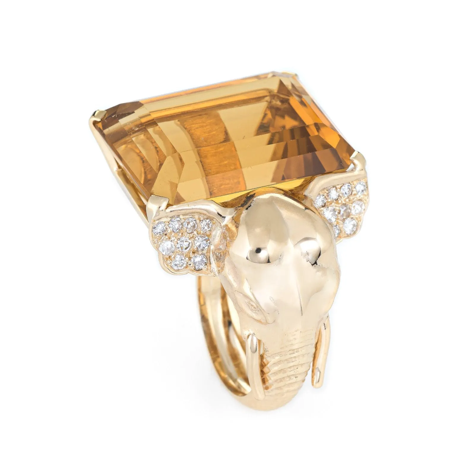 Vintage Elephant Citrine Ring 14k Yellow Gold Diamond Ears Estate Animal Jewelry
