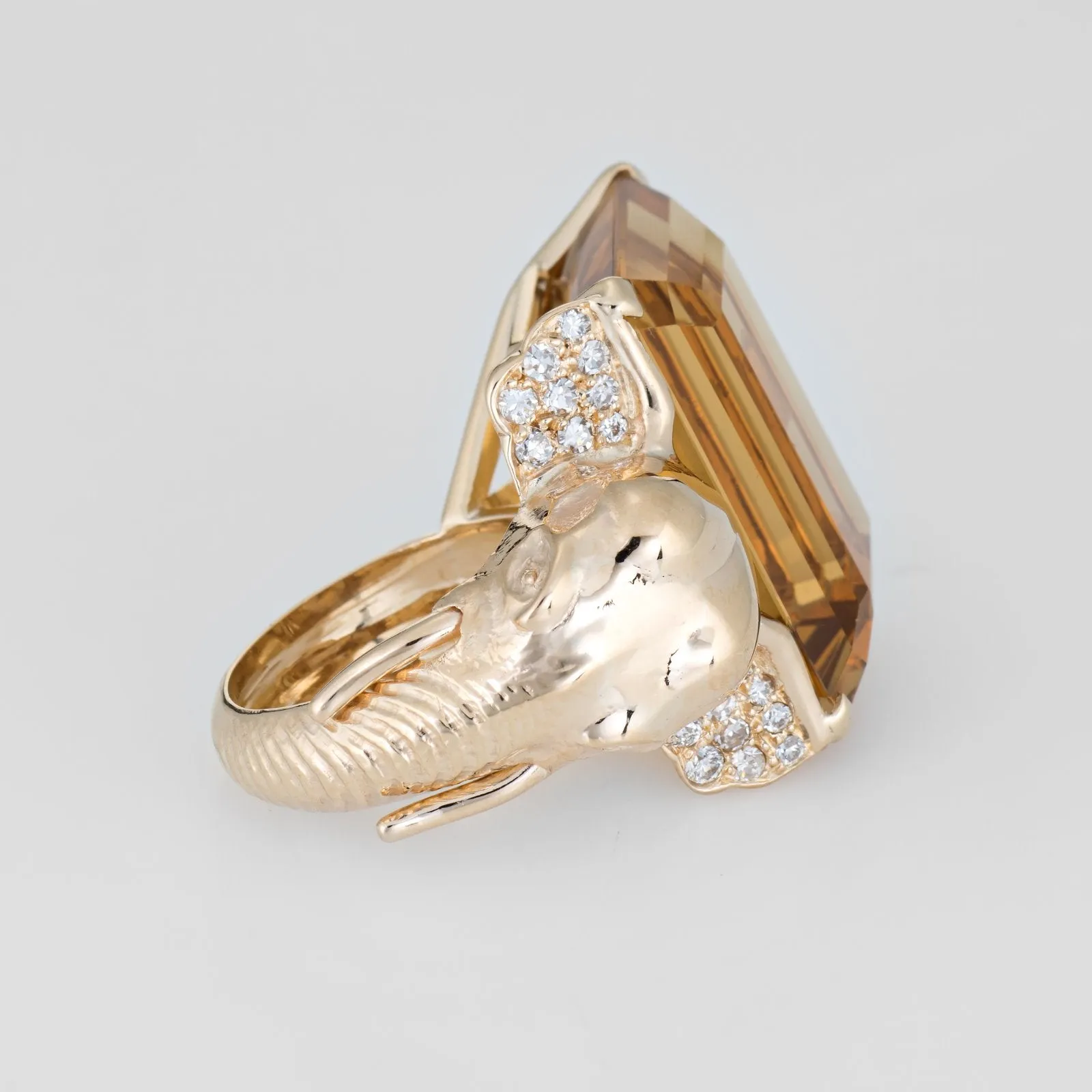 Vintage Elephant Citrine Ring 14k Yellow Gold Diamond Ears Estate Animal Jewelry