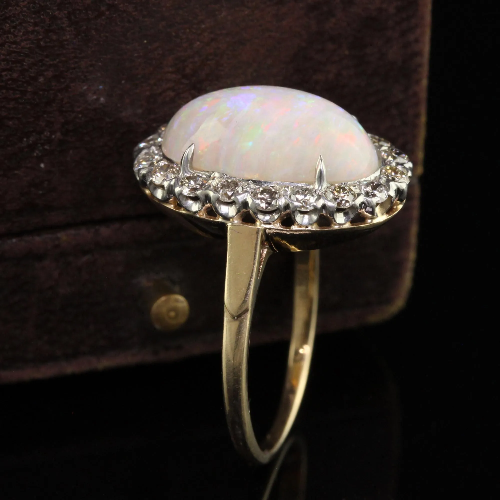 Vintage Estate 14K Yellow Gold Platinum Natural Opal Diamond Engagement Ring