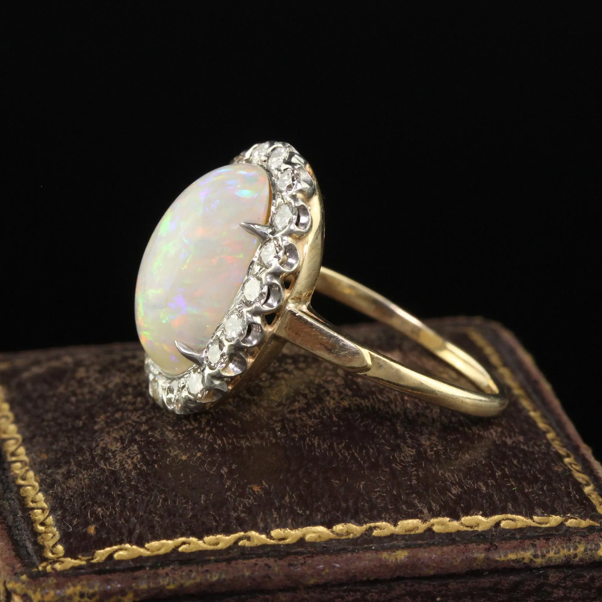 Vintage Estate 14K Yellow Gold Platinum Natural Opal Diamond Engagement Ring