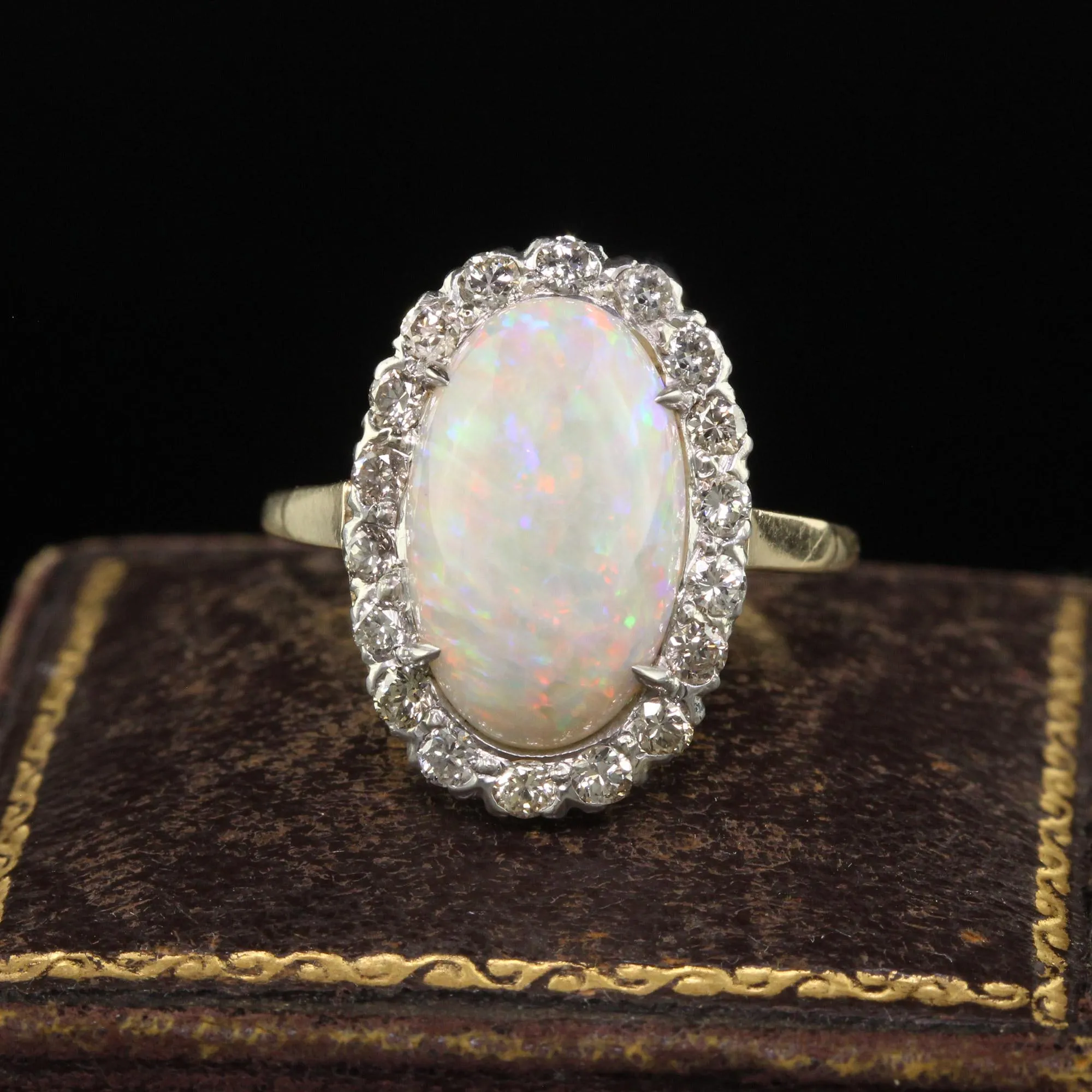 Vintage Estate 14K Yellow Gold Platinum Natural Opal Diamond Engagement Ring