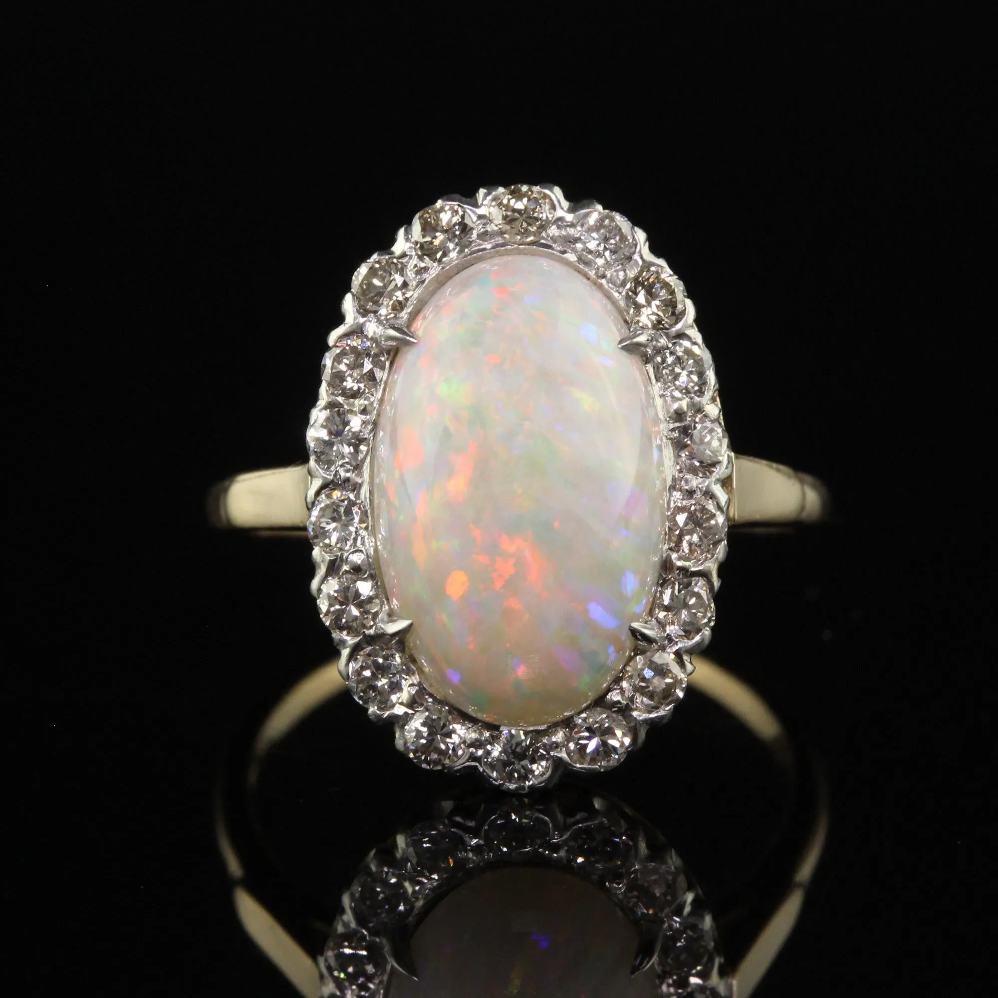 Vintage Estate 14K Yellow Gold Platinum Natural Opal Diamond Engagement Ring