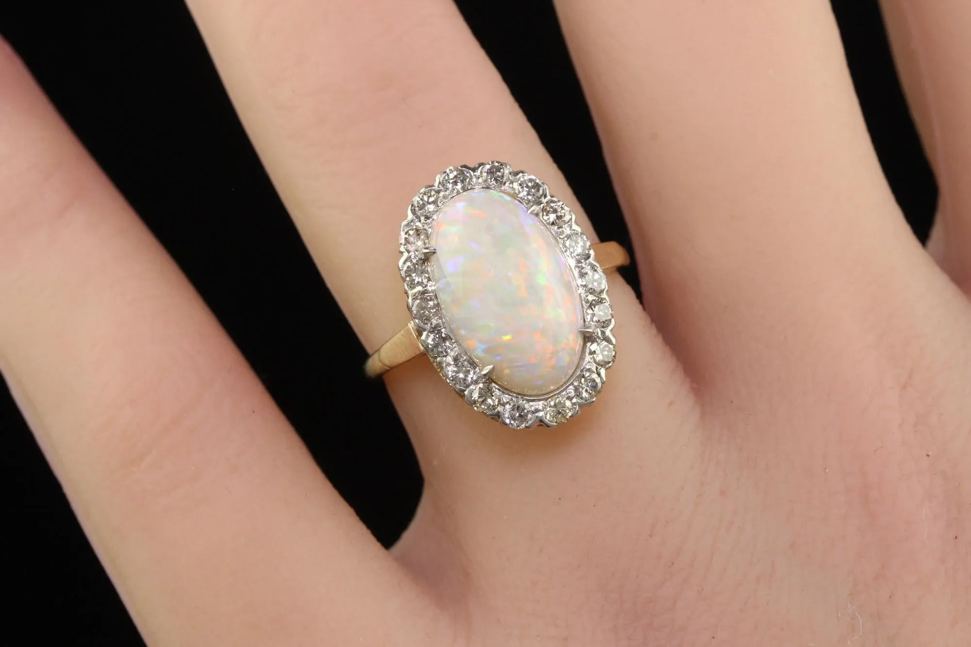 Vintage Estate 14K Yellow Gold Platinum Natural Opal Diamond Engagement Ring