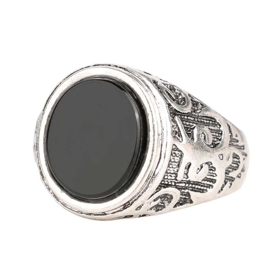 Vintage Men Jewelry Black Enamel Ring For Men Silver Plated Circular Surface Classic Pattern Fashion Rings