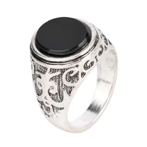 Vintage Men Jewelry Black Enamel Ring For Men Silver Plated Circular Surface Classic Pattern Fashion Rings