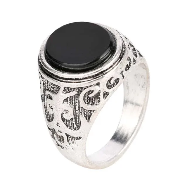 Vintage Men Jewelry Black Enamel Ring For Men Silver Plated Circular Surface Classic Pattern Fashion Rings