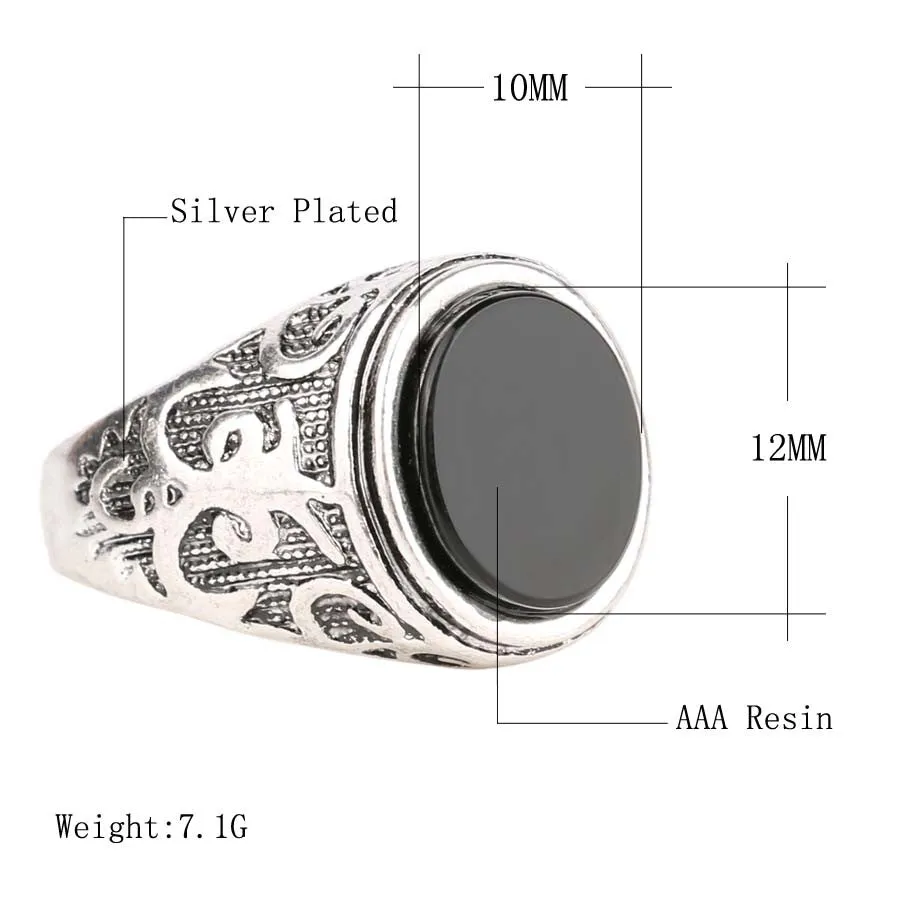 Vintage Men Jewelry Black Enamel Ring For Men Silver Plated Circular Surface Classic Pattern Fashion Rings