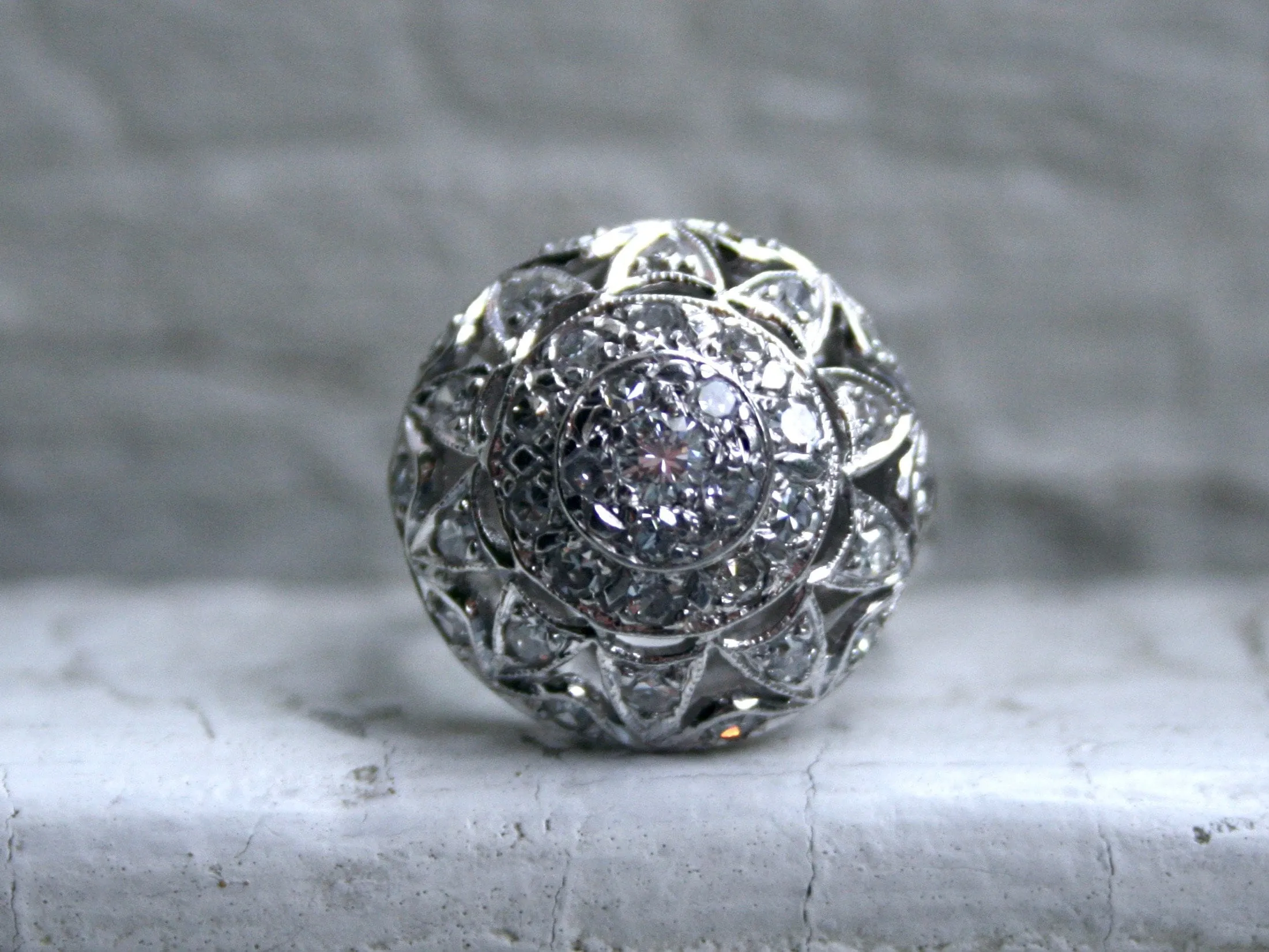 Vintage Pave 14K White Gold Diamond Cluster Engagement Ring - 1.09ct.