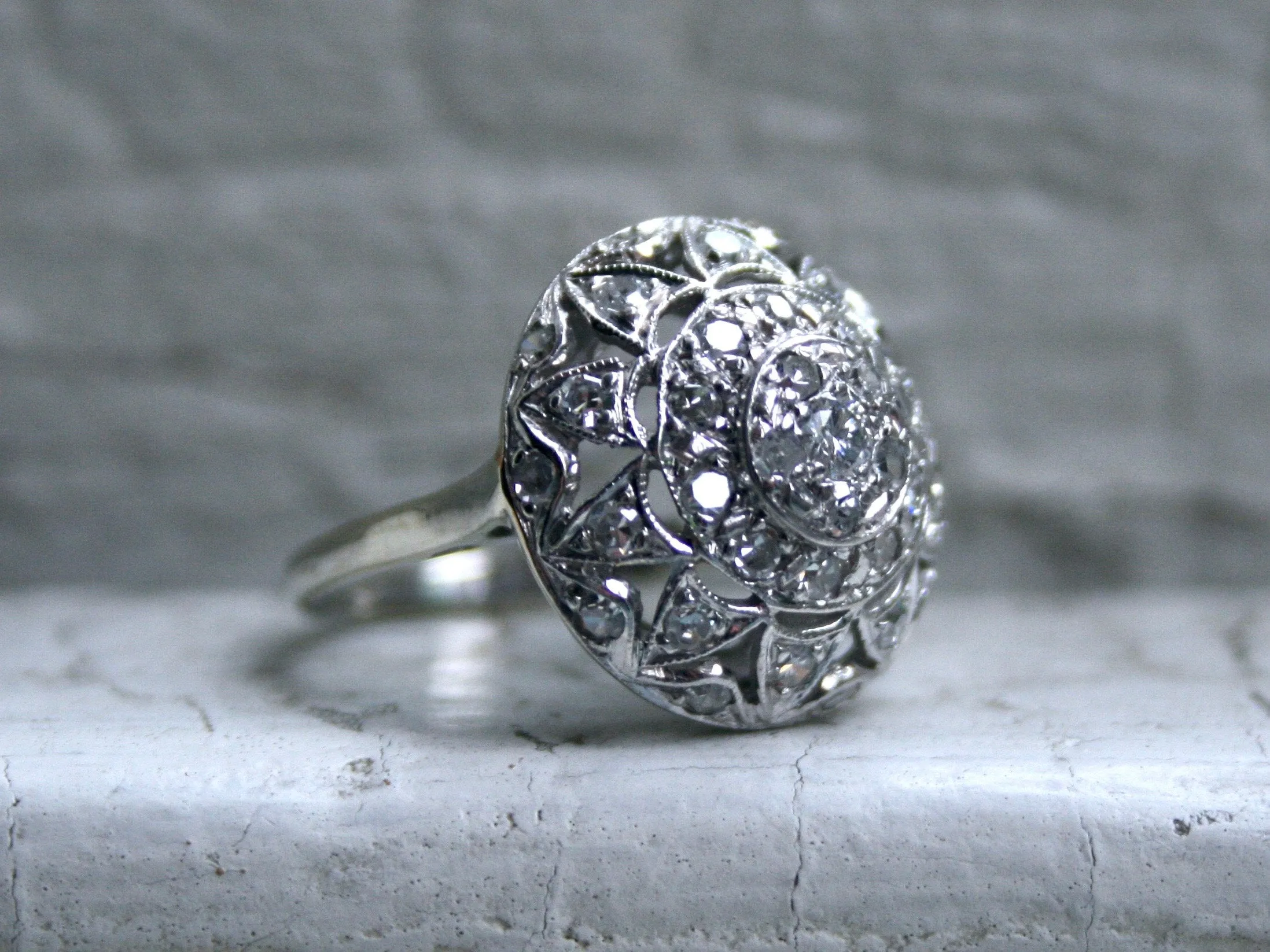 Vintage Pave 14K White Gold Diamond Cluster Engagement Ring - 1.09ct.