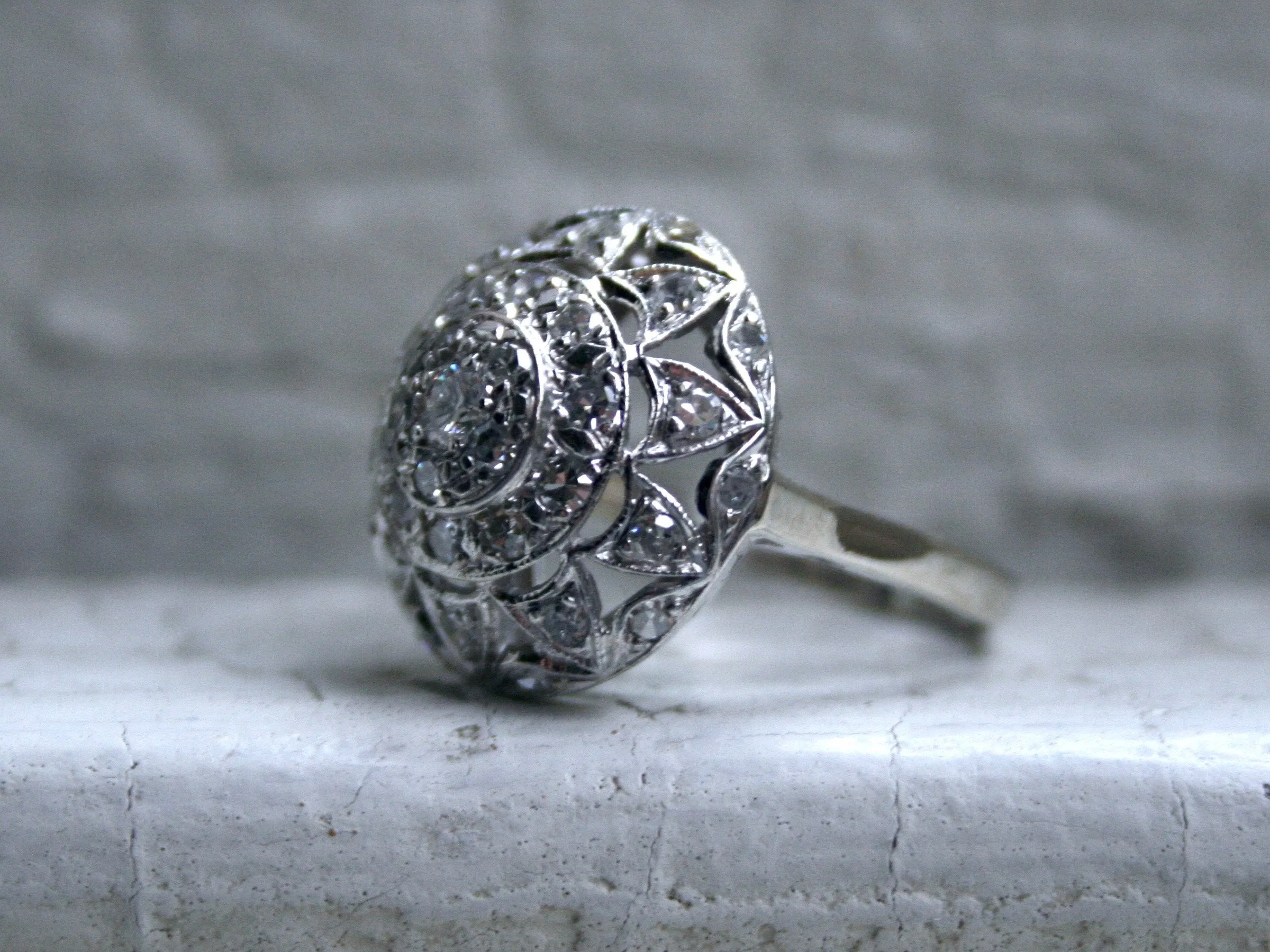 Vintage Pave 14K White Gold Diamond Cluster Engagement Ring - 1.09ct.