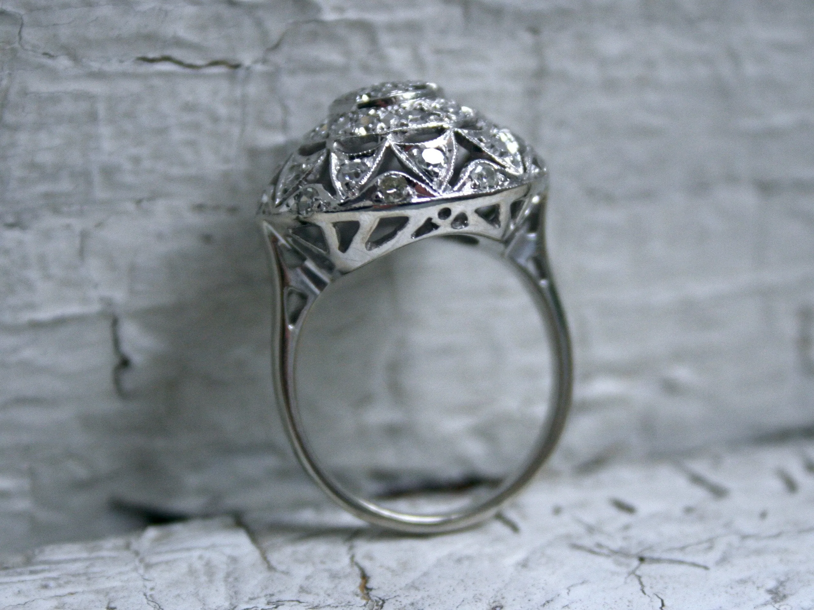 Vintage Pave 14K White Gold Diamond Cluster Engagement Ring - 1.09ct.