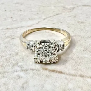 Vintage Retro 14 Karat Yellow & White Gold Diamond Cluster Ring