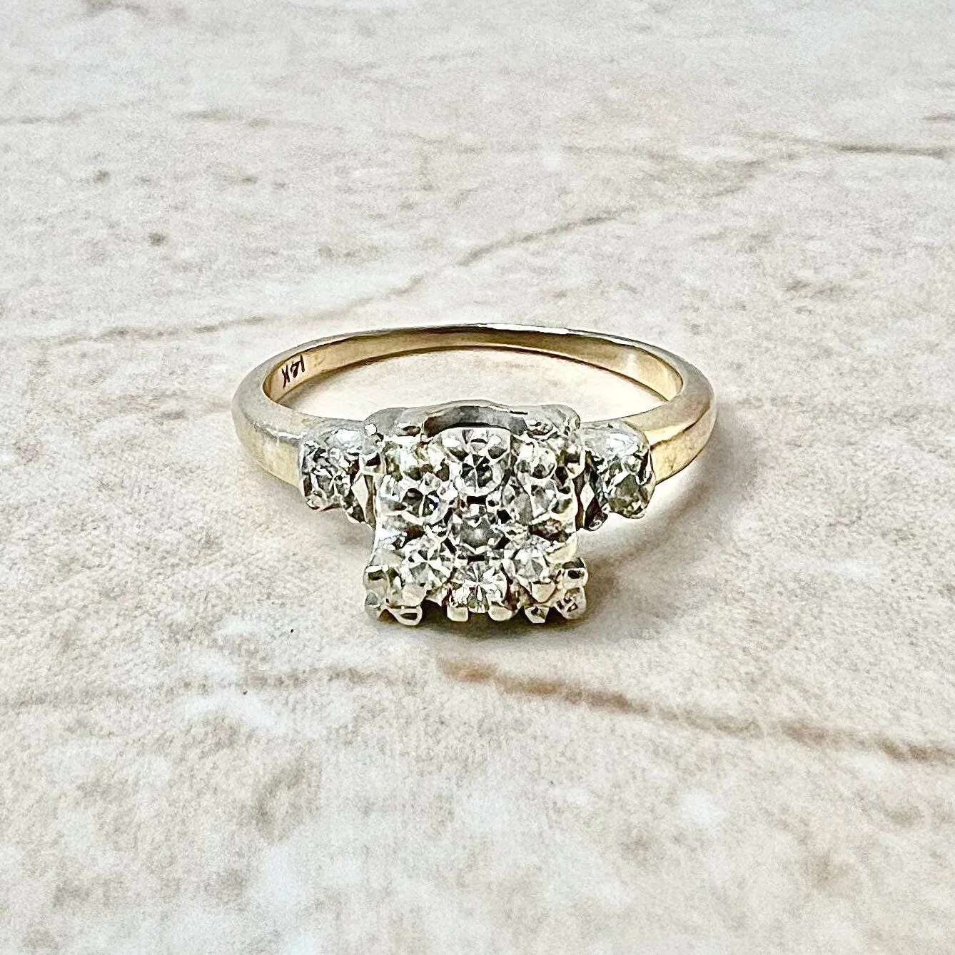 Vintage Retro 14 Karat Yellow & White Gold Diamond Cluster Ring