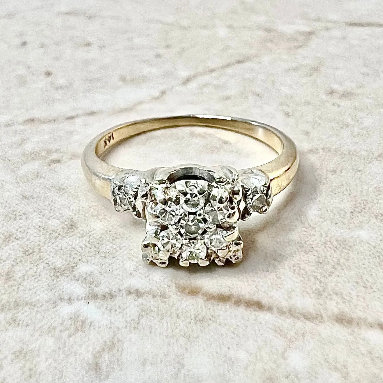 Vintage Retro 14 Karat Yellow & White Gold Diamond Cluster Ring