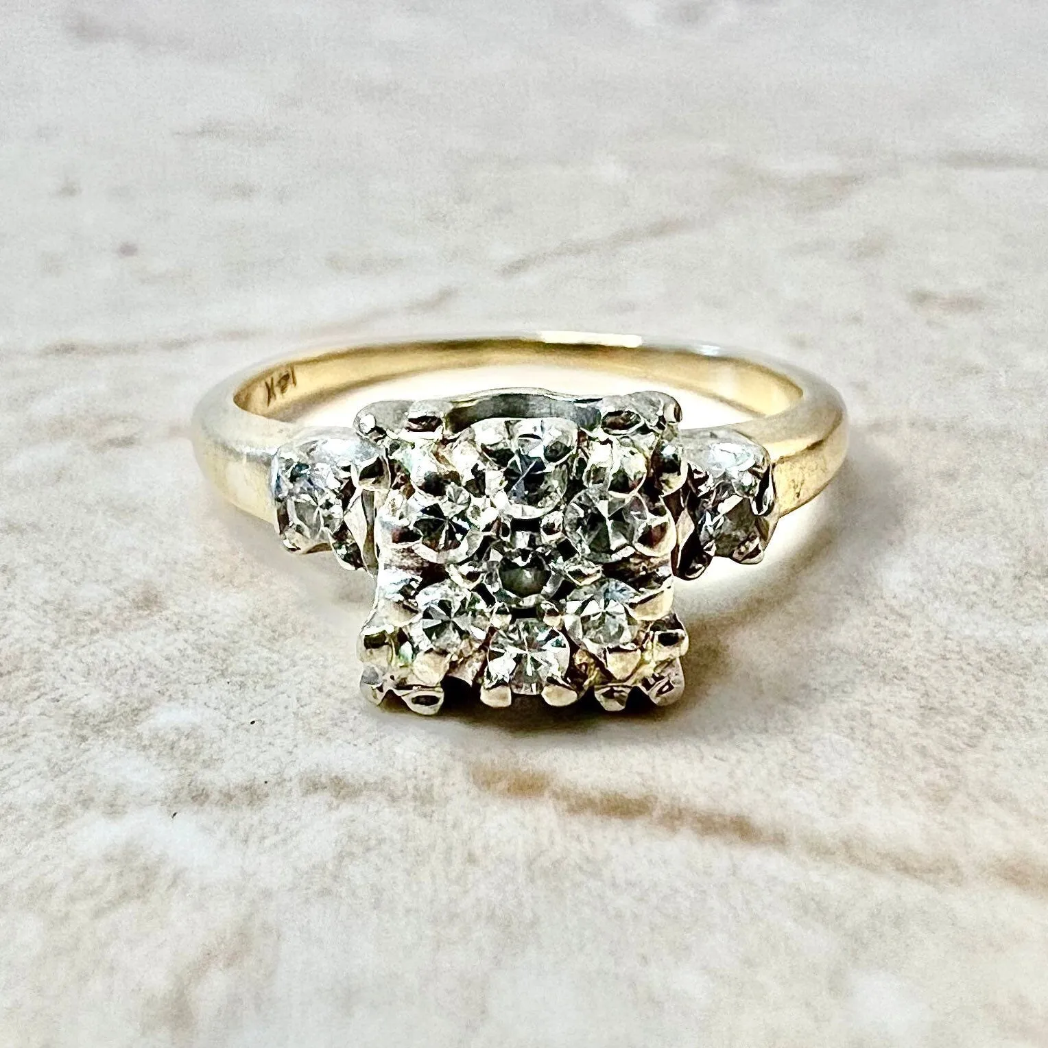 Vintage Retro 14 Karat Yellow & White Gold Diamond Cluster Ring
